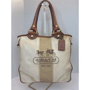 Coach Heritage Stripe Canvas Leather Tote Bag Cream Brown-see pics/notes